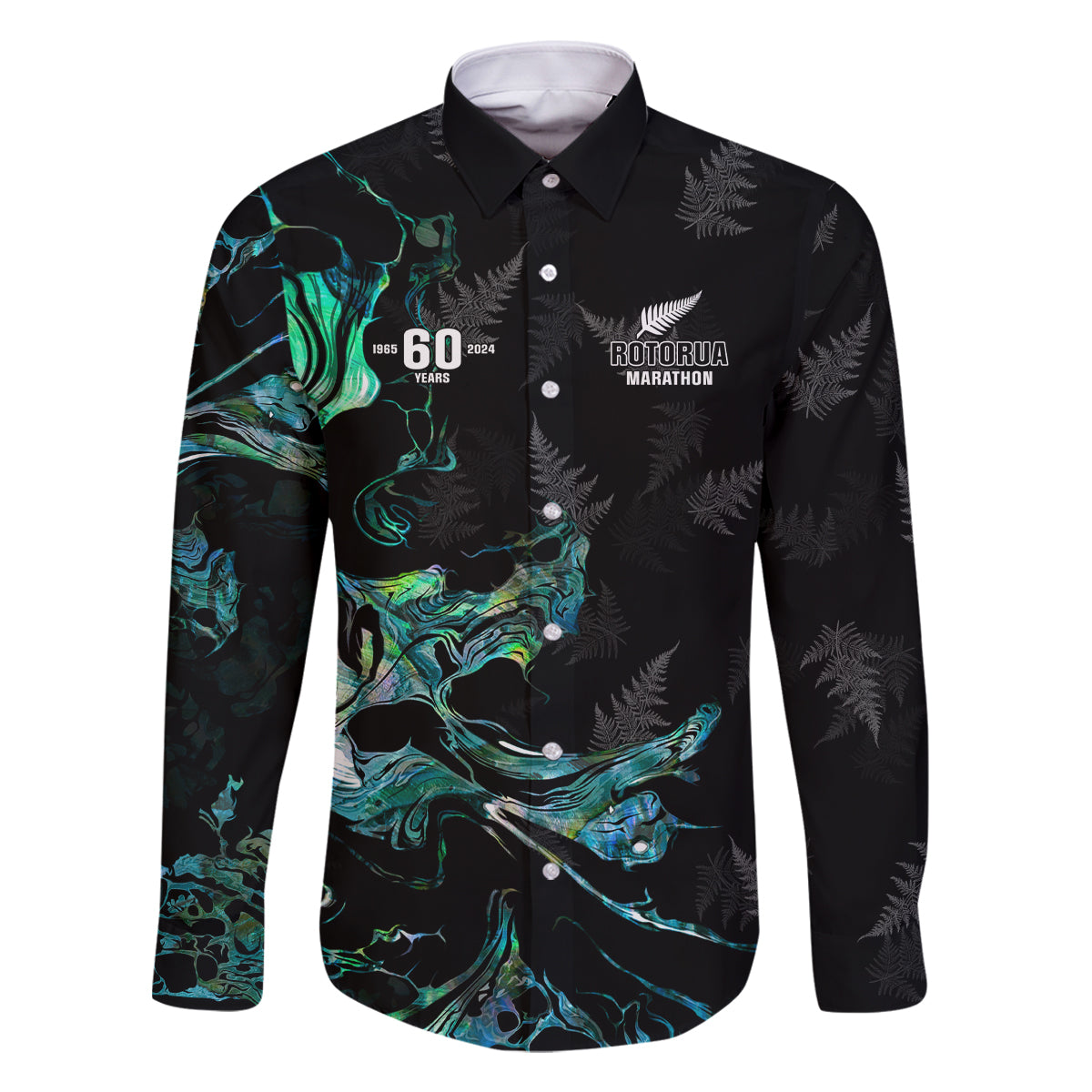 New Zealand Marathon Family Matching Long Sleeve Bodycon Dress and Hawaiian Shirt Silver Fern Paua Shell Simple Style LT05 Dad's Shirt - Long Sleeve Black - Polynesian Pride