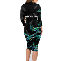 New Zealand Marathon Family Matching Long Sleeve Bodycon Dress and Hawaiian Shirt Silver Fern Paua Shell Simple Style LT05 - Polynesian Pride