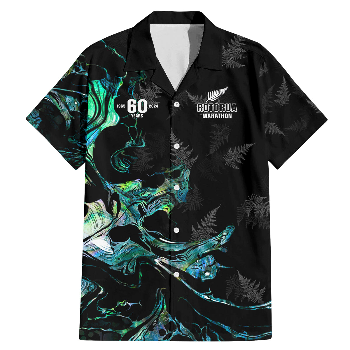 New Zealand Marathon Family Matching Mermaid Dress and Hawaiian Shirt Silver Fern Paua Shell Simple Style LT05 Dad's Shirt - Short Sleeve Black - Polynesian Pride