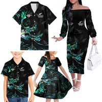 New Zealand Marathon Family Matching Off The Shoulder Long Sleeve Dress and Hawaiian Shirt Silver Fern Paua Shell Simple Style LT05 - Polynesian Pride