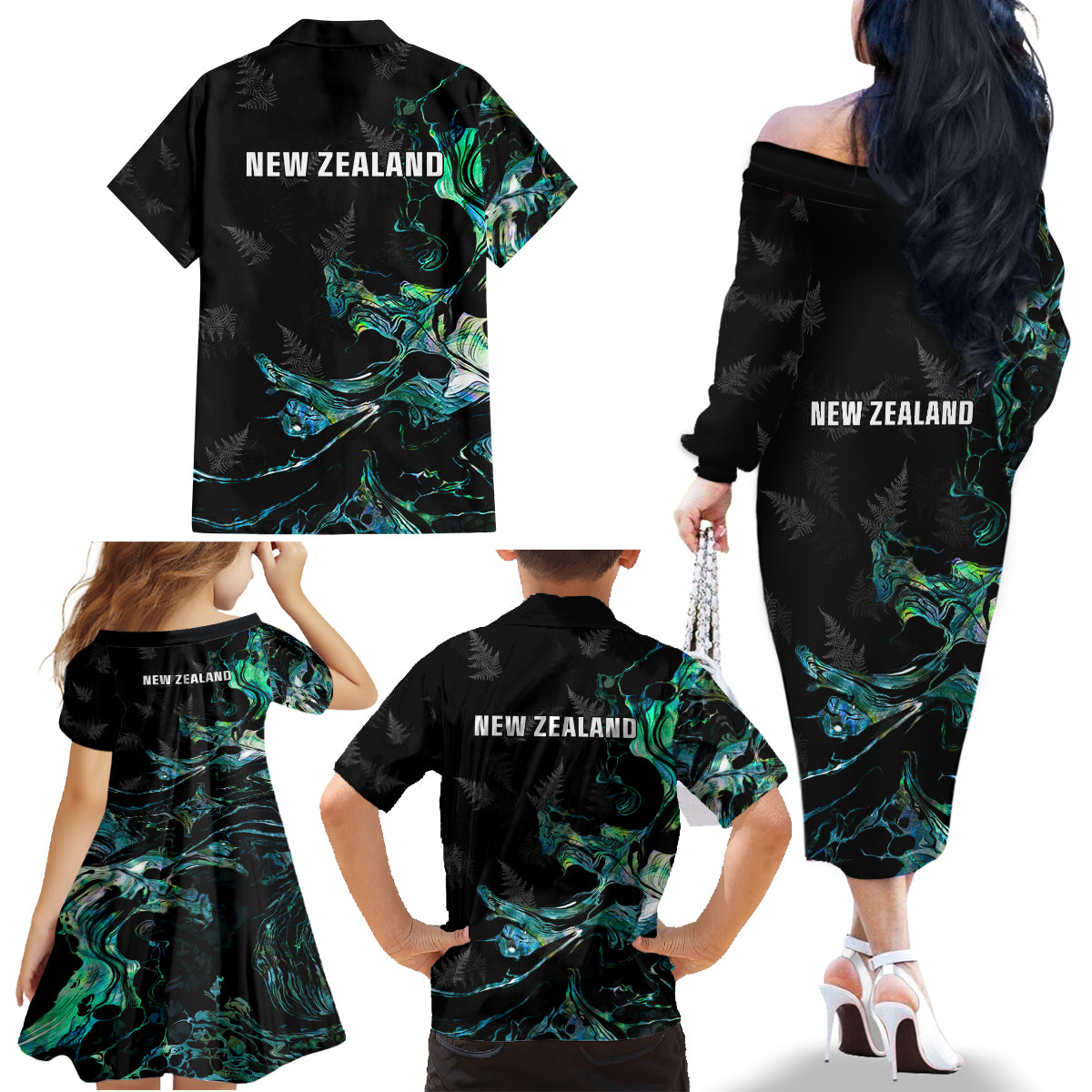 New Zealand Marathon Family Matching Off The Shoulder Long Sleeve Dress and Hawaiian Shirt Silver Fern Paua Shell Simple Style LT05 - Polynesian Pride