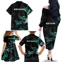 New Zealand Marathon Family Matching Off The Shoulder Long Sleeve Dress and Hawaiian Shirt Silver Fern Paua Shell Simple Style LT05 - Polynesian Pride