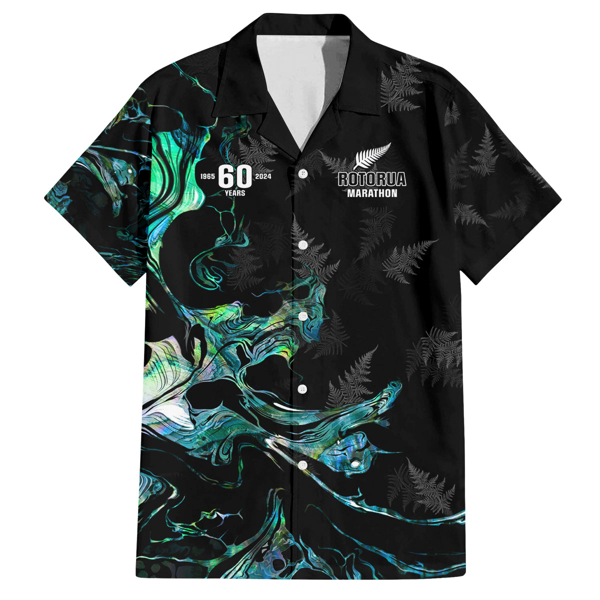 New Zealand Marathon Family Matching Off Shoulder Maxi Dress and Hawaiian Shirt Silver Fern Paua Shell Simple Style LT05 Dad's Shirt - Short Sleeve Black - Polynesian Pride