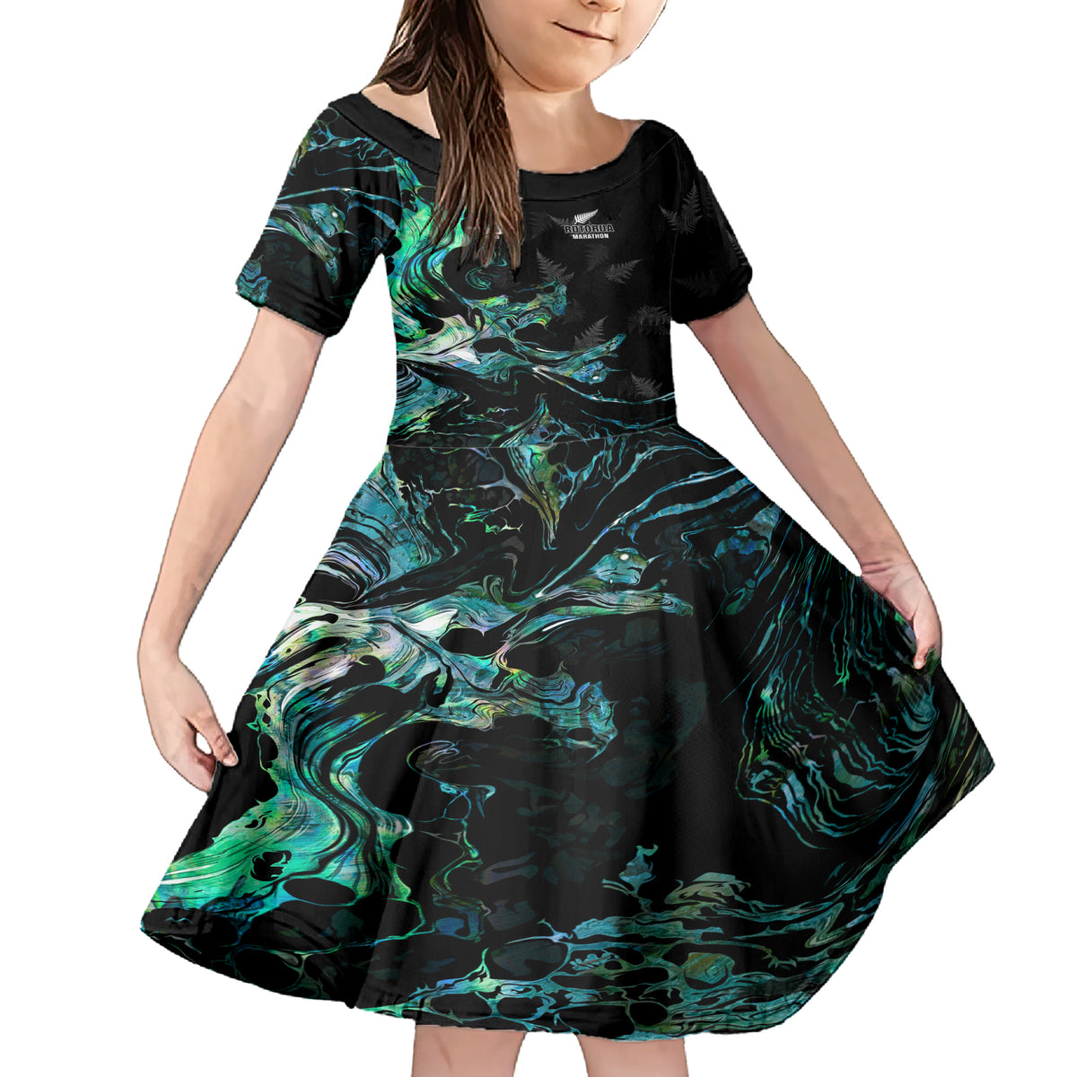 New Zealand Marathon Family Matching Short Sleeve Bodycon Dress and Hawaiian Shirt Silver Fern Paua Shell Simple Style LT05 Daughter's Dress Black - Polynesian Pride