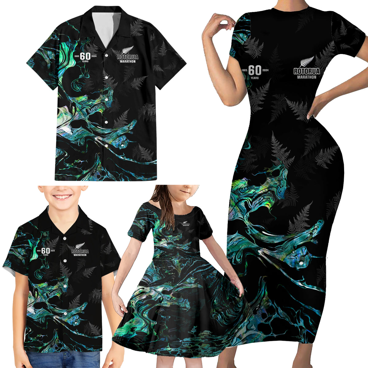 New Zealand Marathon Family Matching Short Sleeve Bodycon Dress and Hawaiian Shirt Silver Fern Paua Shell Simple Style LT05 - Polynesian Pride