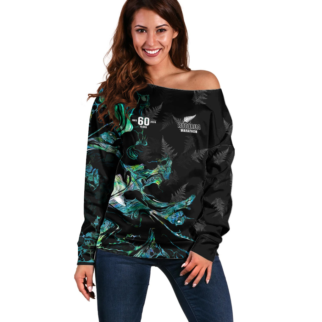 New Zealand Marathon Off Shoulder Sweater Silver Fern Paua Shell Simple Style