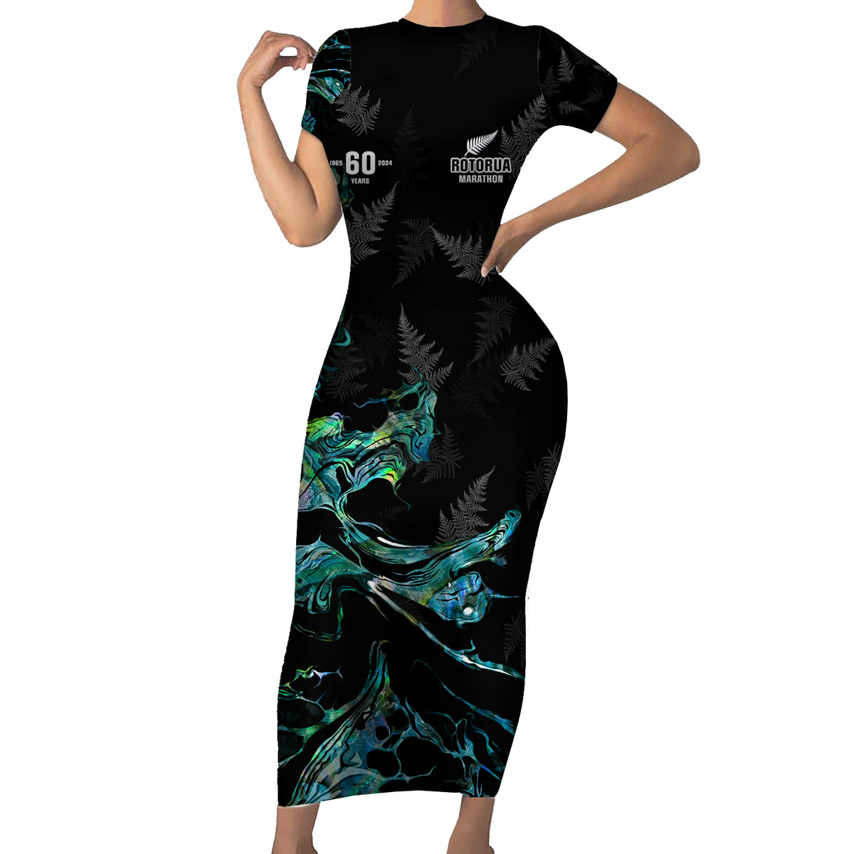 New Zealand Marathon Short Sleeve Bodycon Dress Silver Fern Paua Shell Simple Style