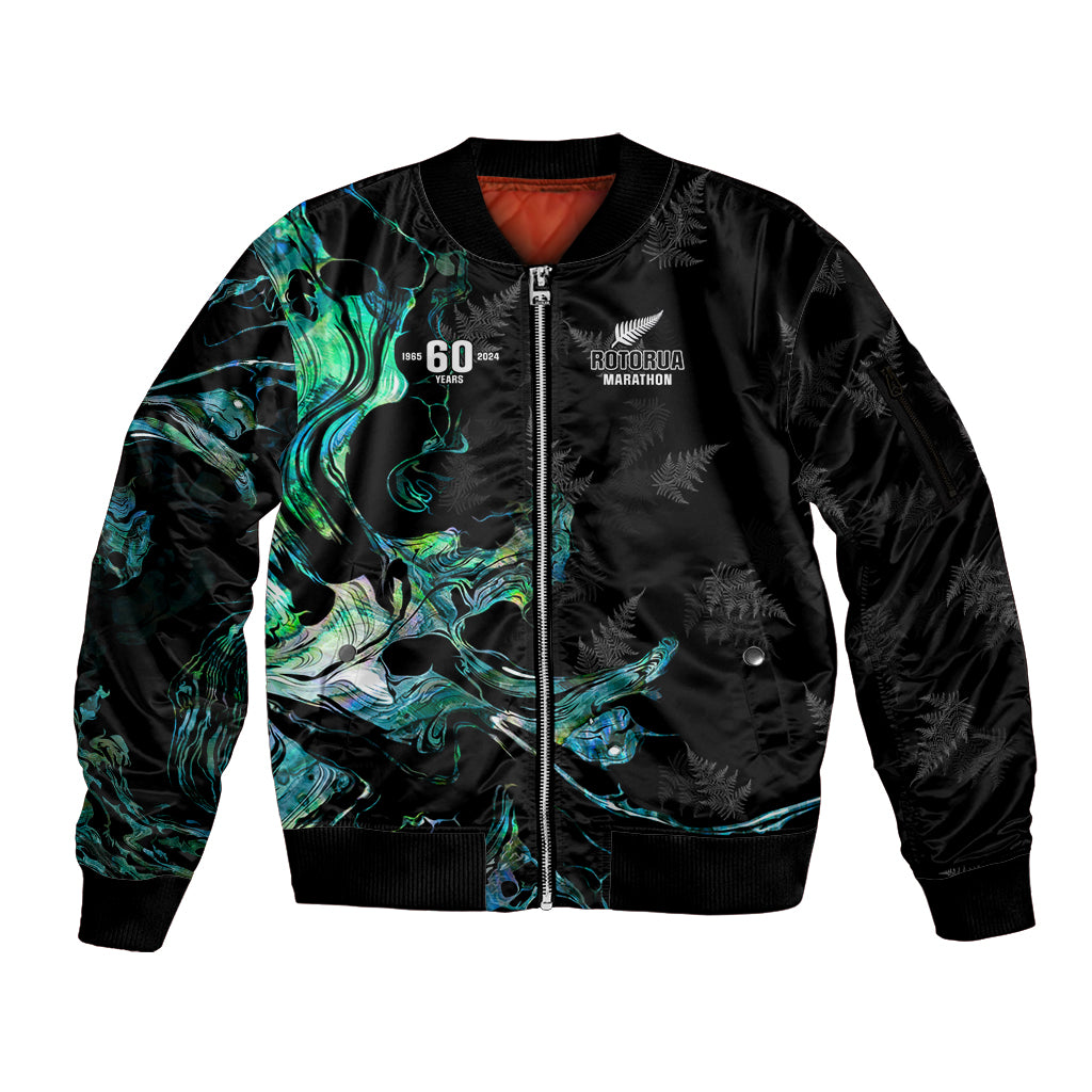 New Zealand Marathon Sleeve Zip Bomber Jacket Silver Fern Paua Shell Simple Style LT05 Unisex Black - Polynesian Pride