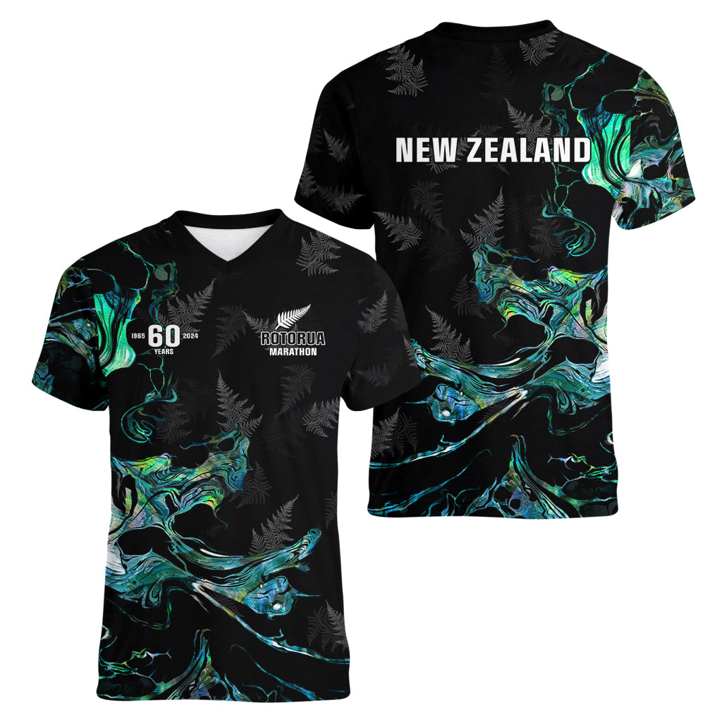 New Zealand Marathon Women V Neck T Shirt Silver Fern Paua Shell Simple Style