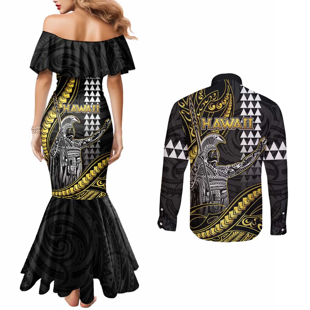 Hawaii King Kamehameha The Great Couples Matching Mermaid Dress and Long Sleeve Button Shirt Gold Tribal Tattoo LT05 - Polynesian Pride