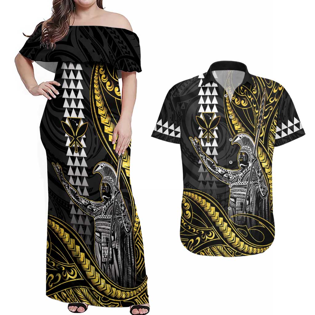Hawaii King Kamehameha The Great Couples Matching Off Shoulder Maxi Dress and Hawaiian Shirt Gold Tribal Tattoo LT05 Gold - Polynesian Pride