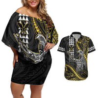 Hawaii King Kamehameha The Great Couples Matching Off Shoulder Short Dress and Hawaiian Shirt Gold Tribal Tattoo LT05 Gold - Polynesian Pride