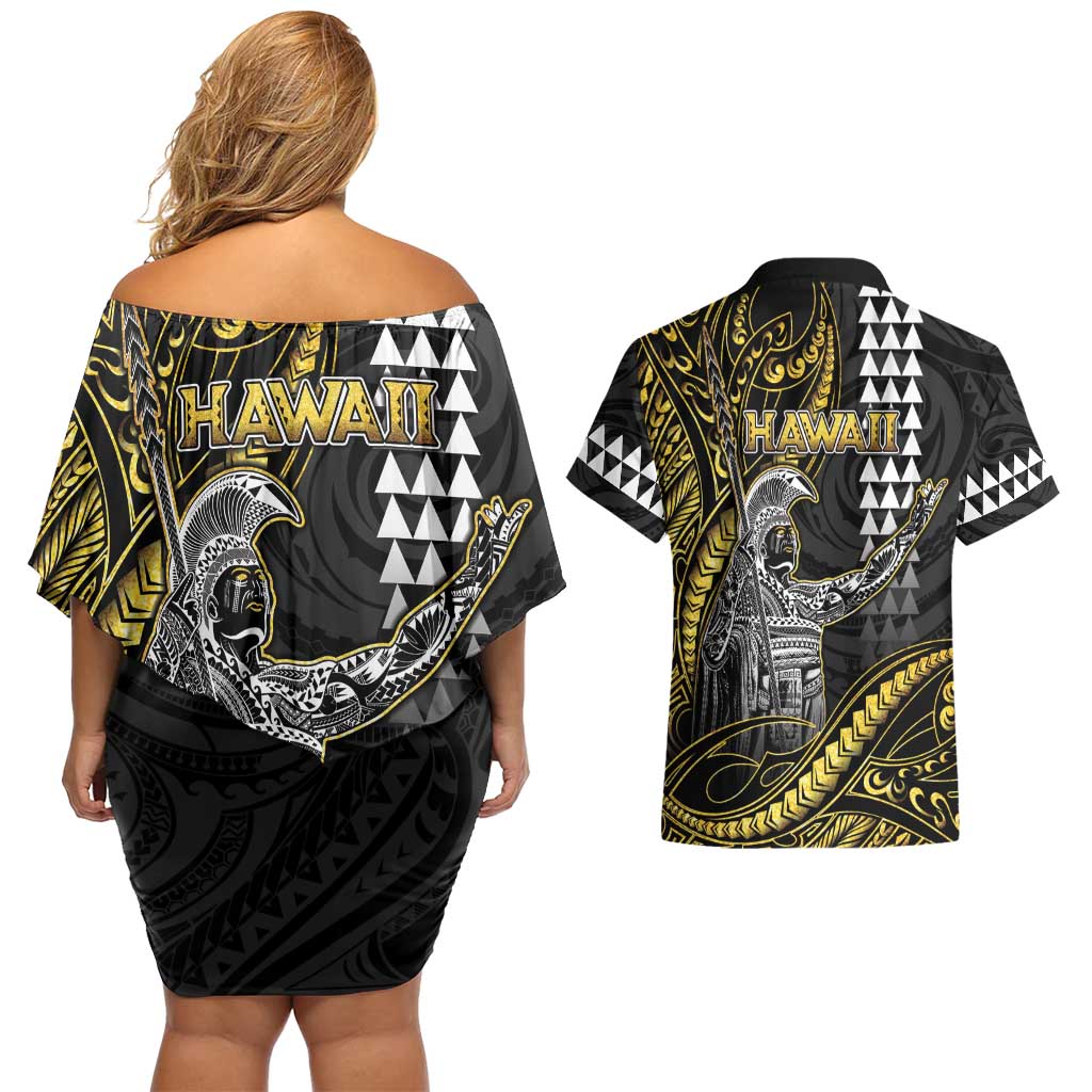 Hawaii King Kamehameha The Great Couples Matching Off Shoulder Short Dress and Hawaiian Shirt Gold Tribal Tattoo LT05 - Polynesian Pride