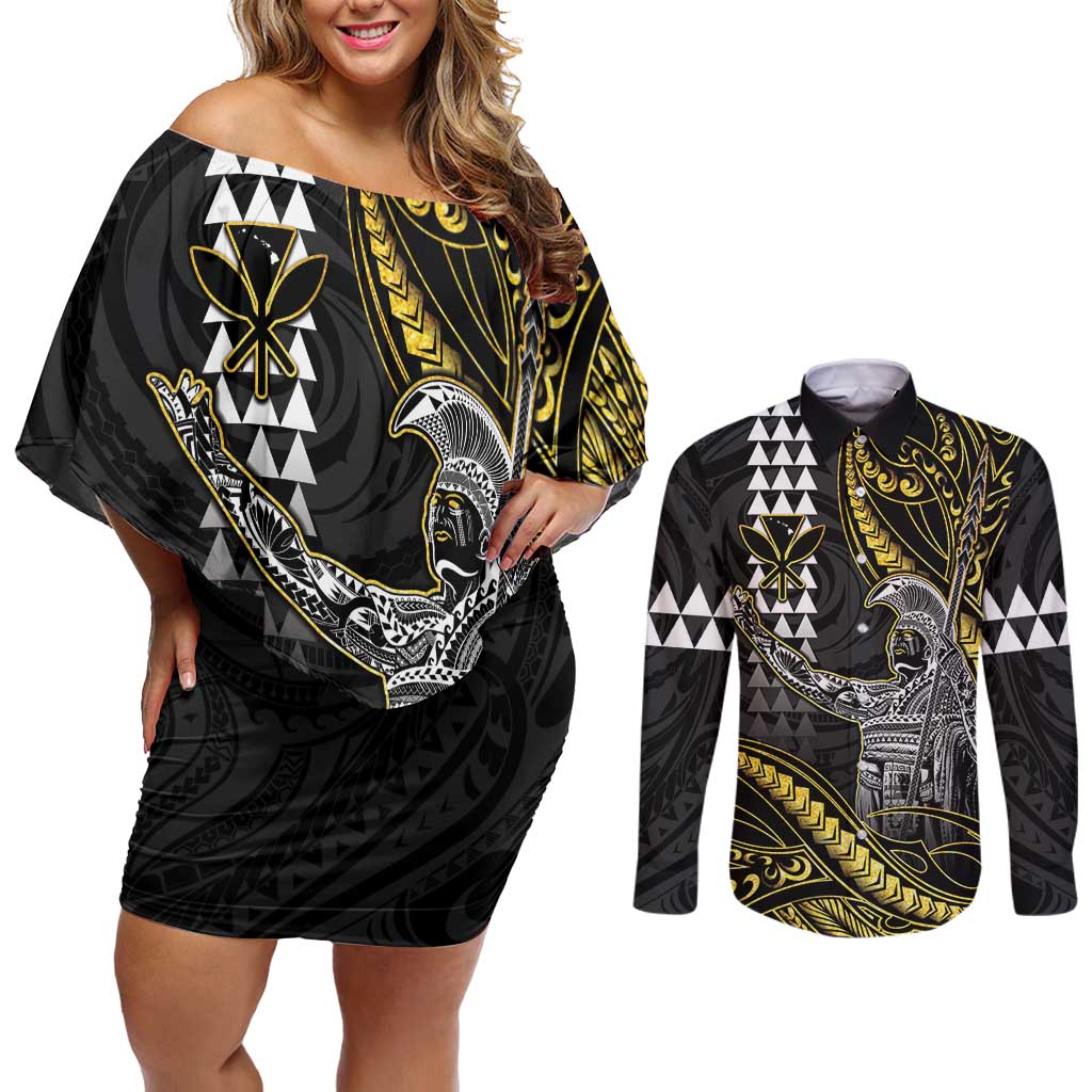 Hawaii King Kamehameha The Great Couples Matching Off Shoulder Short Dress and Long Sleeve Button Shirt Gold Tribal Tattoo LT05 Gold - Polynesian Pride