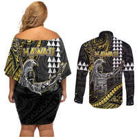 Hawaii King Kamehameha The Great Couples Matching Off Shoulder Short Dress and Long Sleeve Button Shirt Gold Tribal Tattoo LT05 - Polynesian Pride