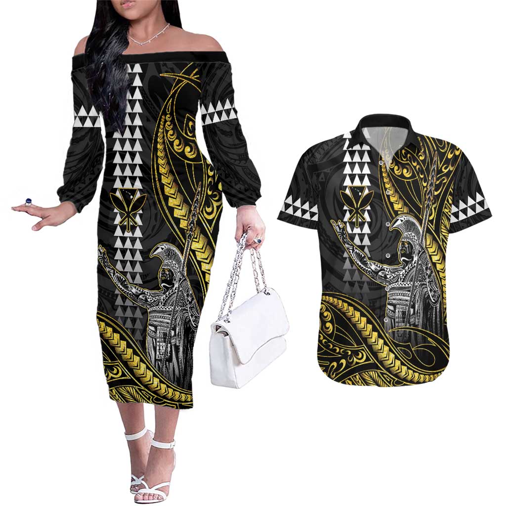 Hawaii King Kamehameha The Great Couples Matching Off The Shoulder Long Sleeve Dress and Hawaiian Shirt Gold Tribal Tattoo LT05 Gold - Polynesian Pride