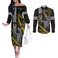 Hawaii King Kamehameha The Great Couples Matching Off The Shoulder Long Sleeve Dress and Long Sleeve Button Shirt Gold Tribal Tattoo LT05 Gold - Polynesian Pride