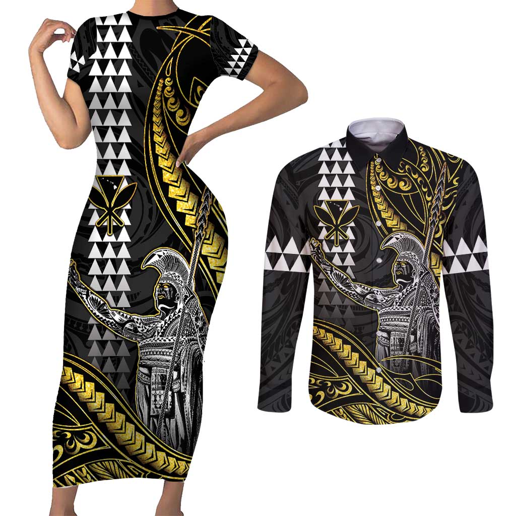 Hawaii King Kamehameha The Great Couples Matching Short Sleeve Bodycon Dress and Long Sleeve Button Shirt Gold Tribal Tattoo LT05 Gold - Polynesian Pride