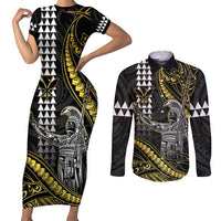 Hawaii King Kamehameha The Great Couples Matching Short Sleeve Bodycon Dress and Long Sleeve Button Shirt Gold Tribal Tattoo LT05 Gold - Polynesian Pride