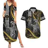 Hawaii King Kamehameha The Great Couples Matching Summer Maxi Dress and Hawaiian Shirt Gold Tribal Tattoo LT05 Gold - Polynesian Pride