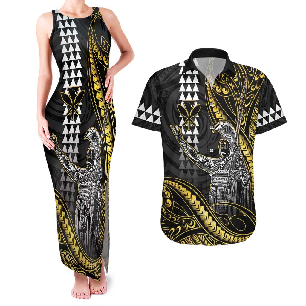 Hawaii King Kamehameha The Great Couples Matching Tank Maxi Dress and Hawaiian Shirt Gold Tribal Tattoo LT05 Gold - Polynesian Pride