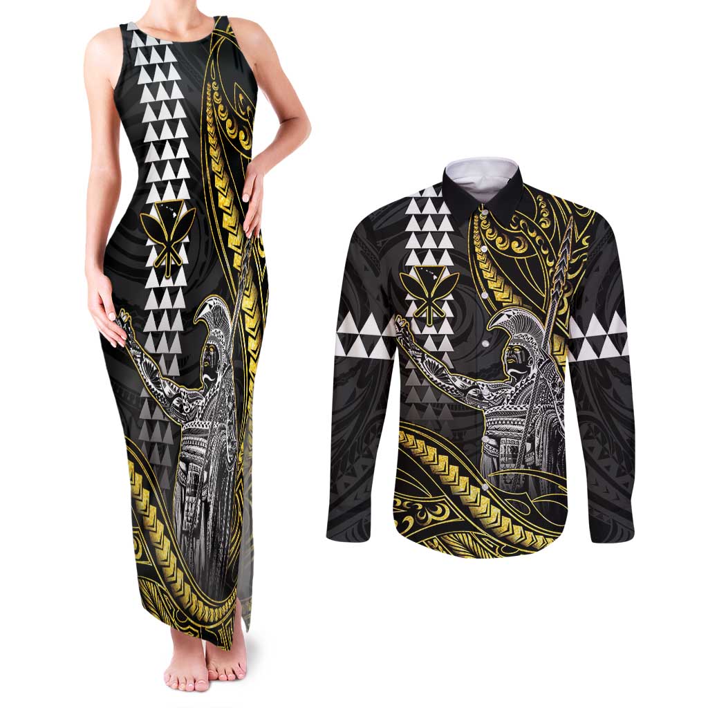 Hawaii King Kamehameha The Great Couples Matching Tank Maxi Dress and Long Sleeve Button Shirt Gold Tribal Tattoo LT05 Gold - Polynesian Pride