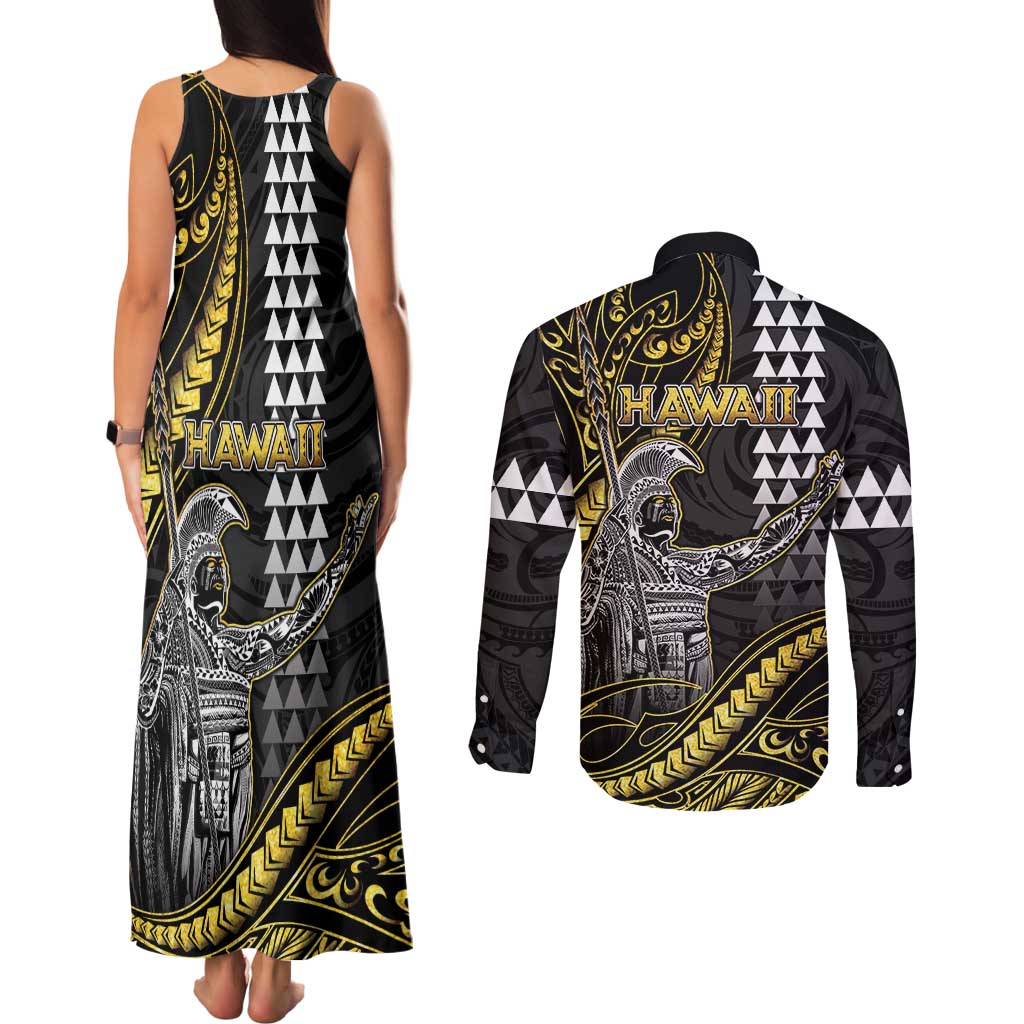 Hawaii King Kamehameha The Great Couples Matching Tank Maxi Dress and Long Sleeve Button Shirt Gold Tribal Tattoo LT05 - Polynesian Pride