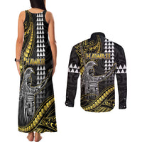 Hawaii King Kamehameha The Great Couples Matching Tank Maxi Dress and Long Sleeve Button Shirt Gold Tribal Tattoo LT05 - Polynesian Pride