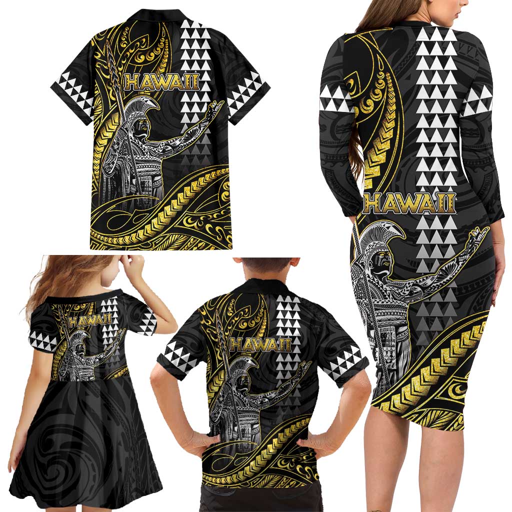 Hawaii King Kamehameha The Great Family Matching Long Sleeve Bodycon Dress and Hawaiian Shirt Gold Tribal Tattoo LT05 - Polynesian Pride