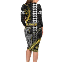 Hawaii King Kamehameha The Great Family Matching Long Sleeve Bodycon Dress and Hawaiian Shirt Gold Tribal Tattoo LT05 - Polynesian Pride
