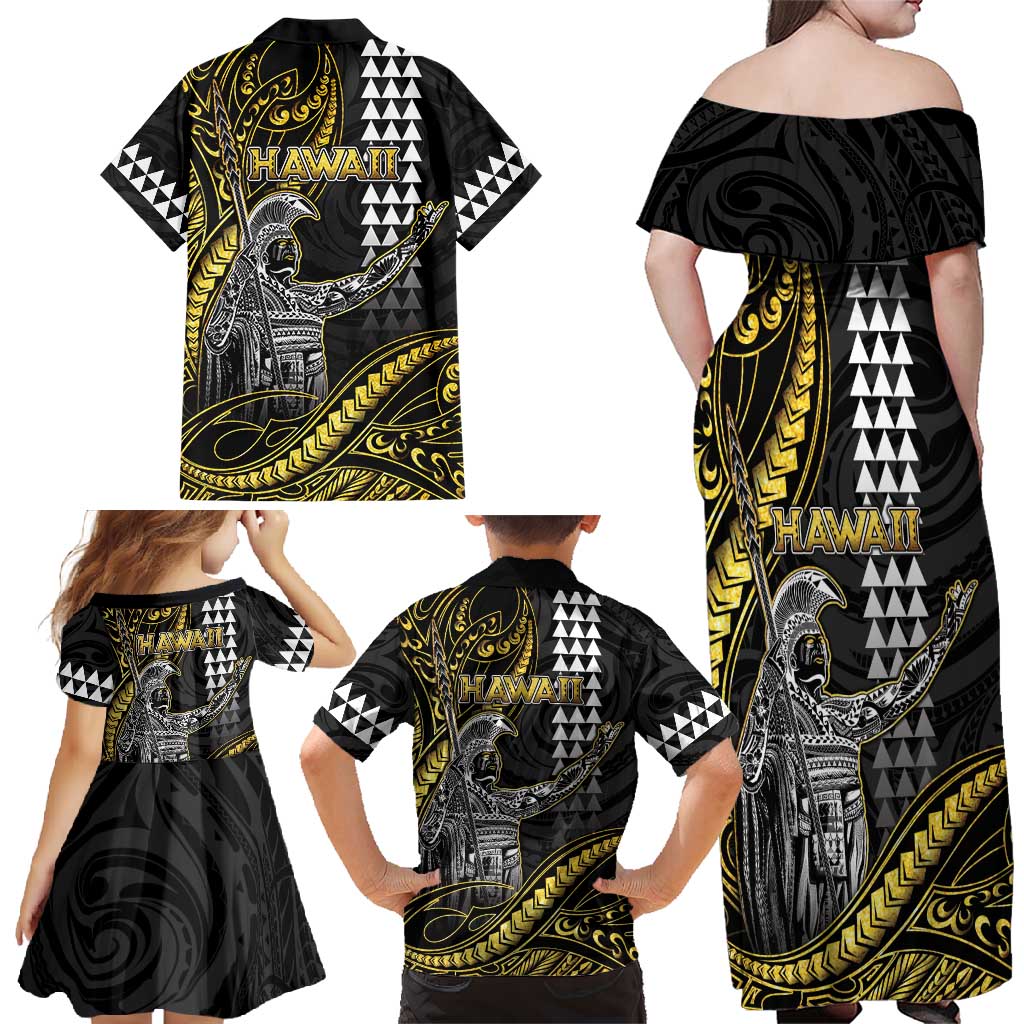 Hawaii King Kamehameha The Great Family Matching Off Shoulder Maxi Dress and Hawaiian Shirt Gold Tribal Tattoo LT05 - Polynesian Pride