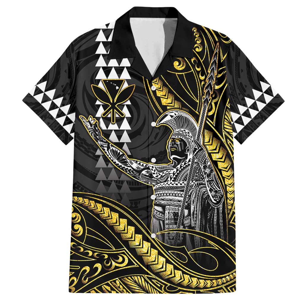 Hawaii King Kamehameha The Great Family Matching Off Shoulder Maxi Dress and Hawaiian Shirt Gold Tribal Tattoo LT05 Dad's Shirt - Short Sleeve Gold - Polynesian Pride