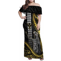 Hawaii King Kamehameha The Great Family Matching Off Shoulder Maxi Dress and Hawaiian Shirt Gold Tribal Tattoo LT05 Mom's Dress Gold - Polynesian Pride