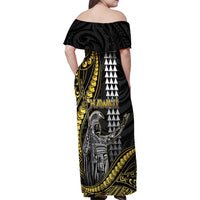 Hawaii King Kamehameha The Great Family Matching Off Shoulder Maxi Dress and Hawaiian Shirt Gold Tribal Tattoo LT05 - Polynesian Pride