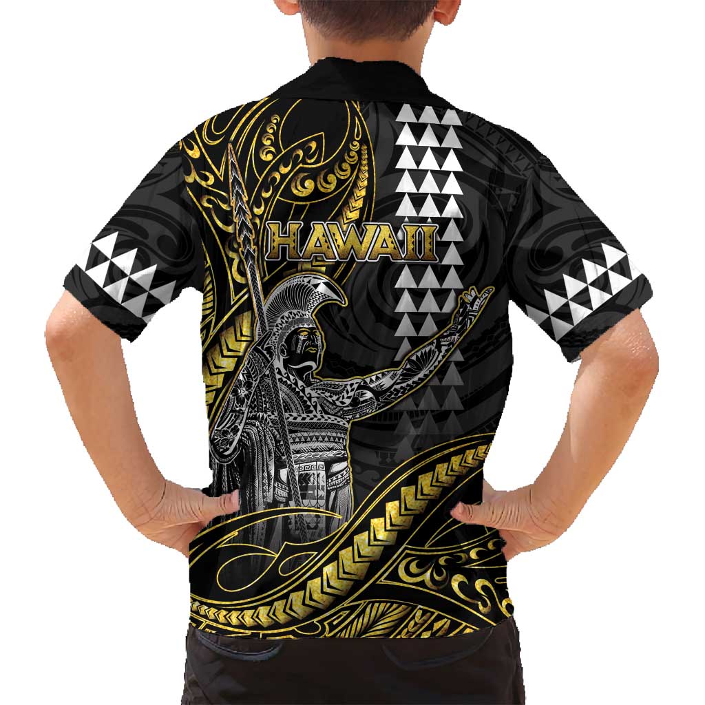 Hawaii King Kamehameha The Great Family Matching Off Shoulder Short Dress and Hawaiian Shirt Gold Tribal Tattoo LT05 - Polynesian Pride