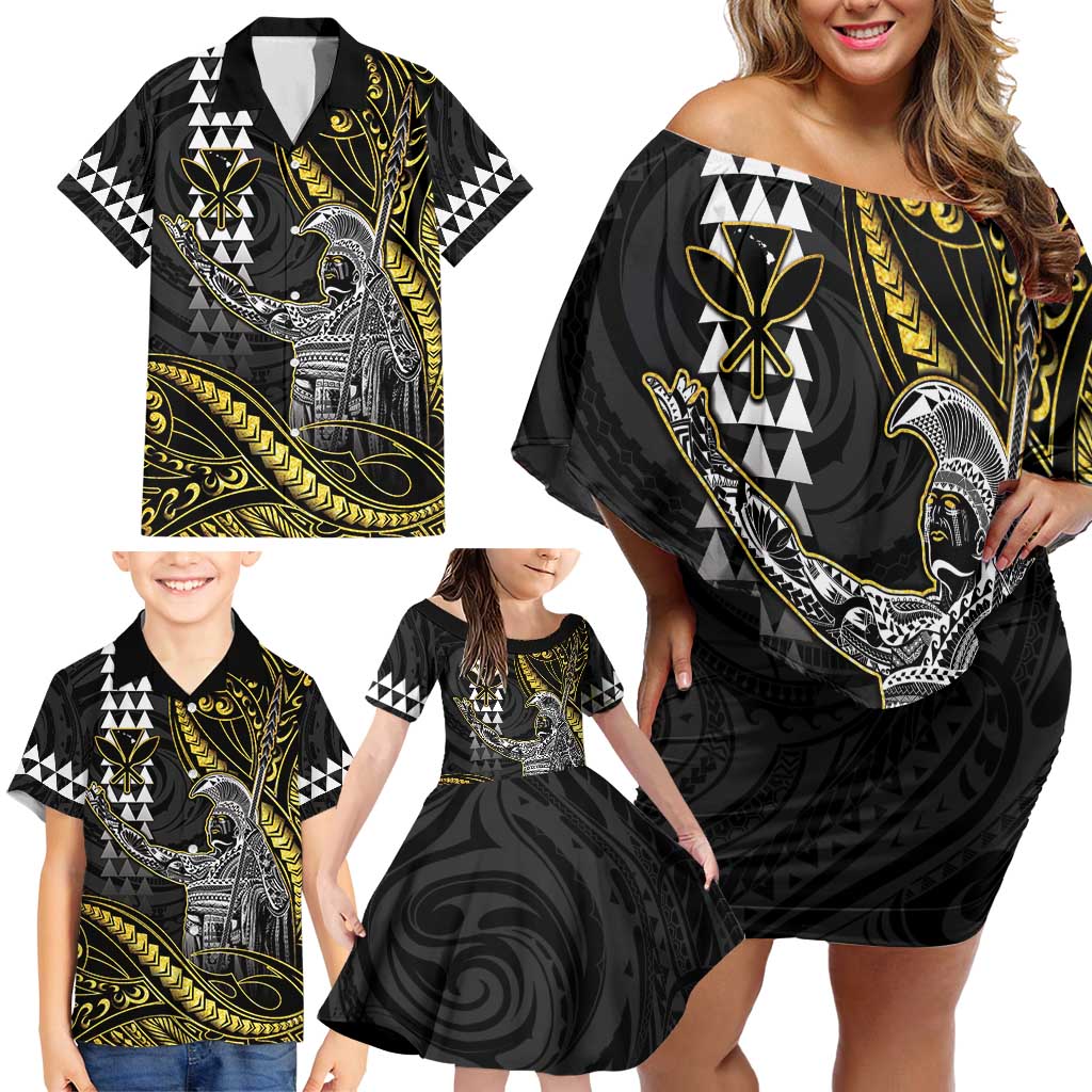 Hawaii King Kamehameha The Great Family Matching Off Shoulder Short Dress and Hawaiian Shirt Gold Tribal Tattoo LT05 - Polynesian Pride