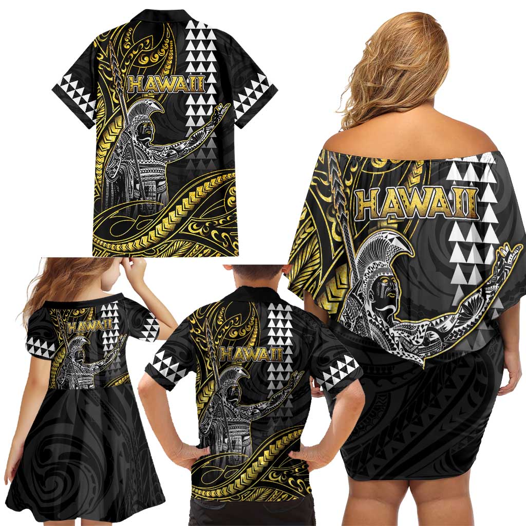 Hawaii King Kamehameha The Great Family Matching Off Shoulder Short Dress and Hawaiian Shirt Gold Tribal Tattoo LT05 - Polynesian Pride