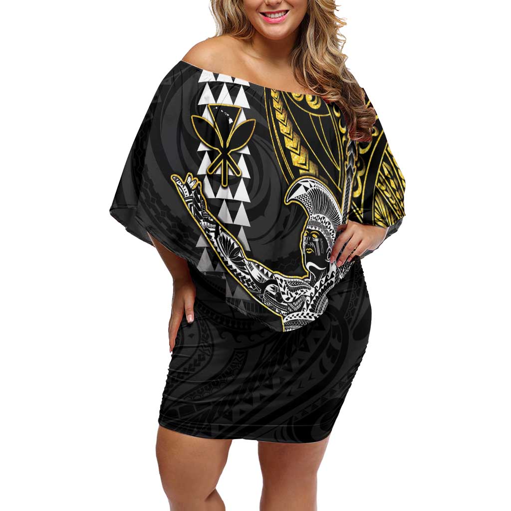 Hawaii King Kamehameha The Great Family Matching Off Shoulder Short Dress and Hawaiian Shirt Gold Tribal Tattoo LT05 Mom's Dress Gold - Polynesian Pride