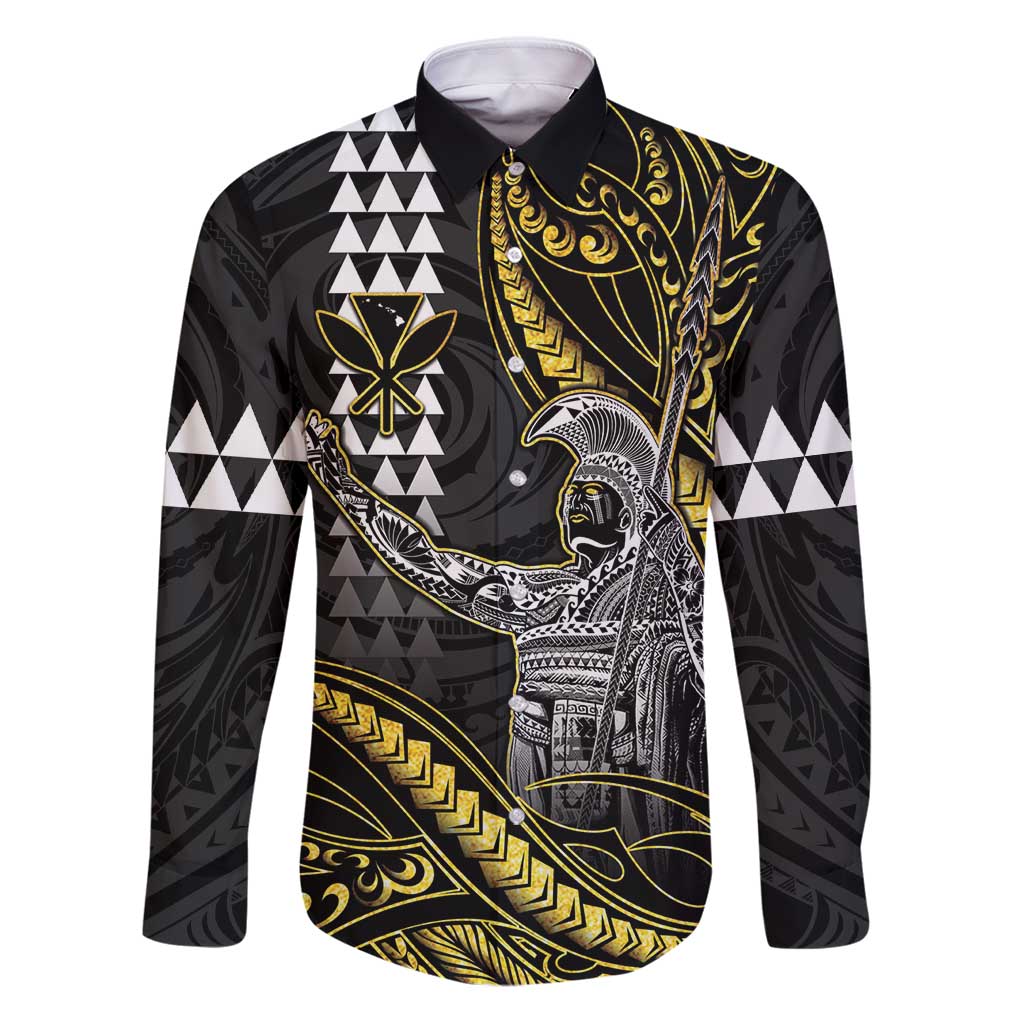 Hawaii King Kamehameha The Great Family Matching Puletasi and Hawaiian Shirt Gold Tribal Tattoo LT05 Dad's Shirt - Long Sleeve Gold - Polynesian Pride
