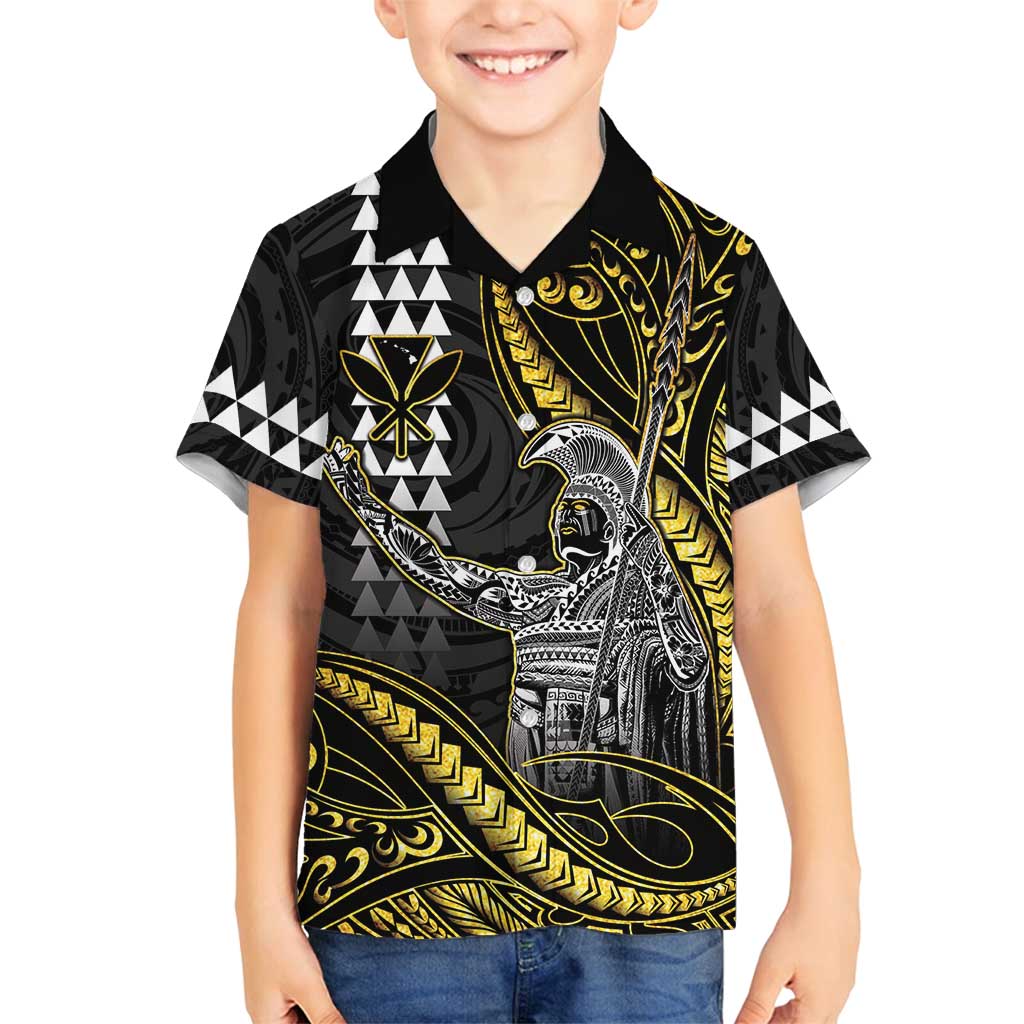 Hawaii King Kamehameha The Great Family Matching Puletasi and Hawaiian Shirt Gold Tribal Tattoo LT05 Son's Shirt Gold - Polynesian Pride