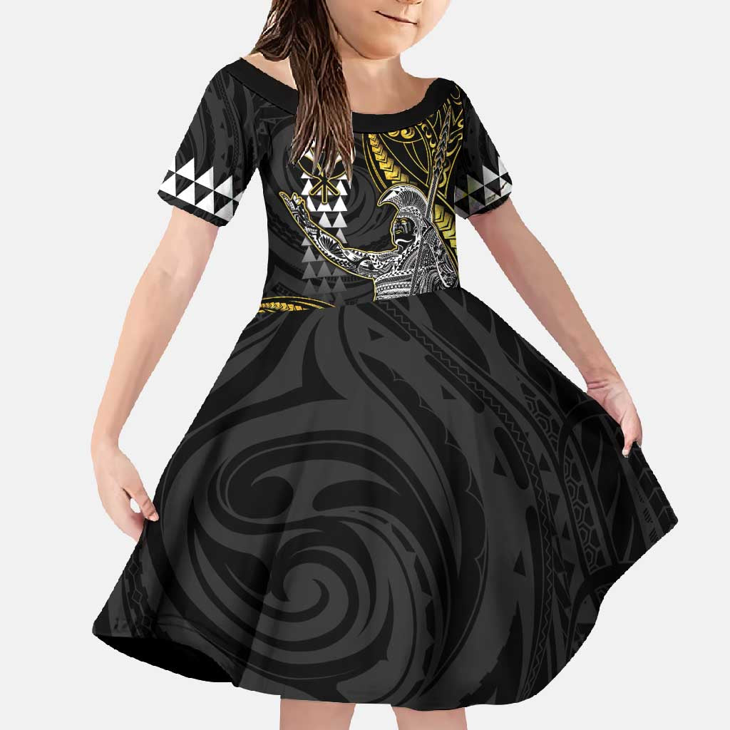 Hawaii King Kamehameha The Great Family Matching Short Sleeve Bodycon Dress and Hawaiian Shirt Gold Tribal Tattoo LT05 Daughter's Dress Gold - Polynesian Pride