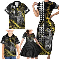 Hawaii King Kamehameha The Great Family Matching Short Sleeve Bodycon Dress and Hawaiian Shirt Gold Tribal Tattoo LT05 - Polynesian Pride