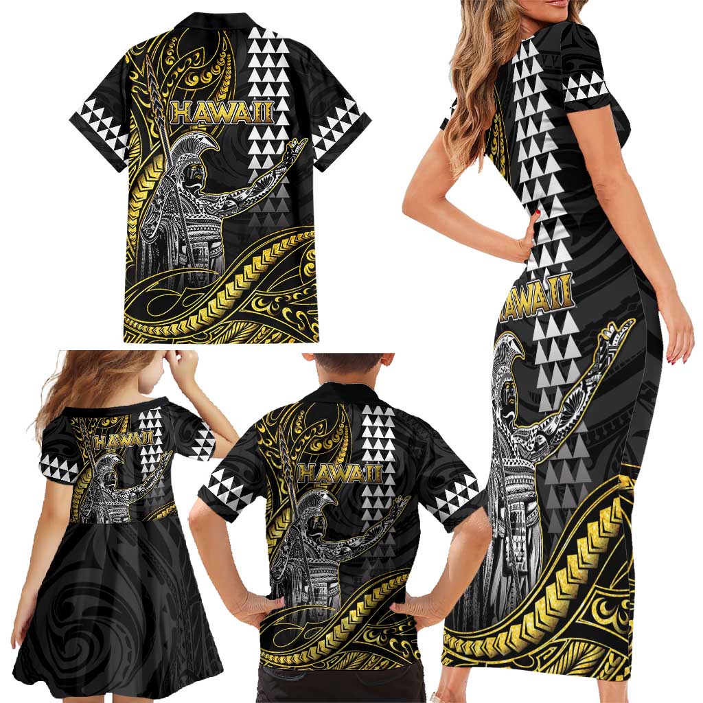 Hawaii King Kamehameha The Great Family Matching Short Sleeve Bodycon Dress and Hawaiian Shirt Gold Tribal Tattoo LT05 - Polynesian Pride