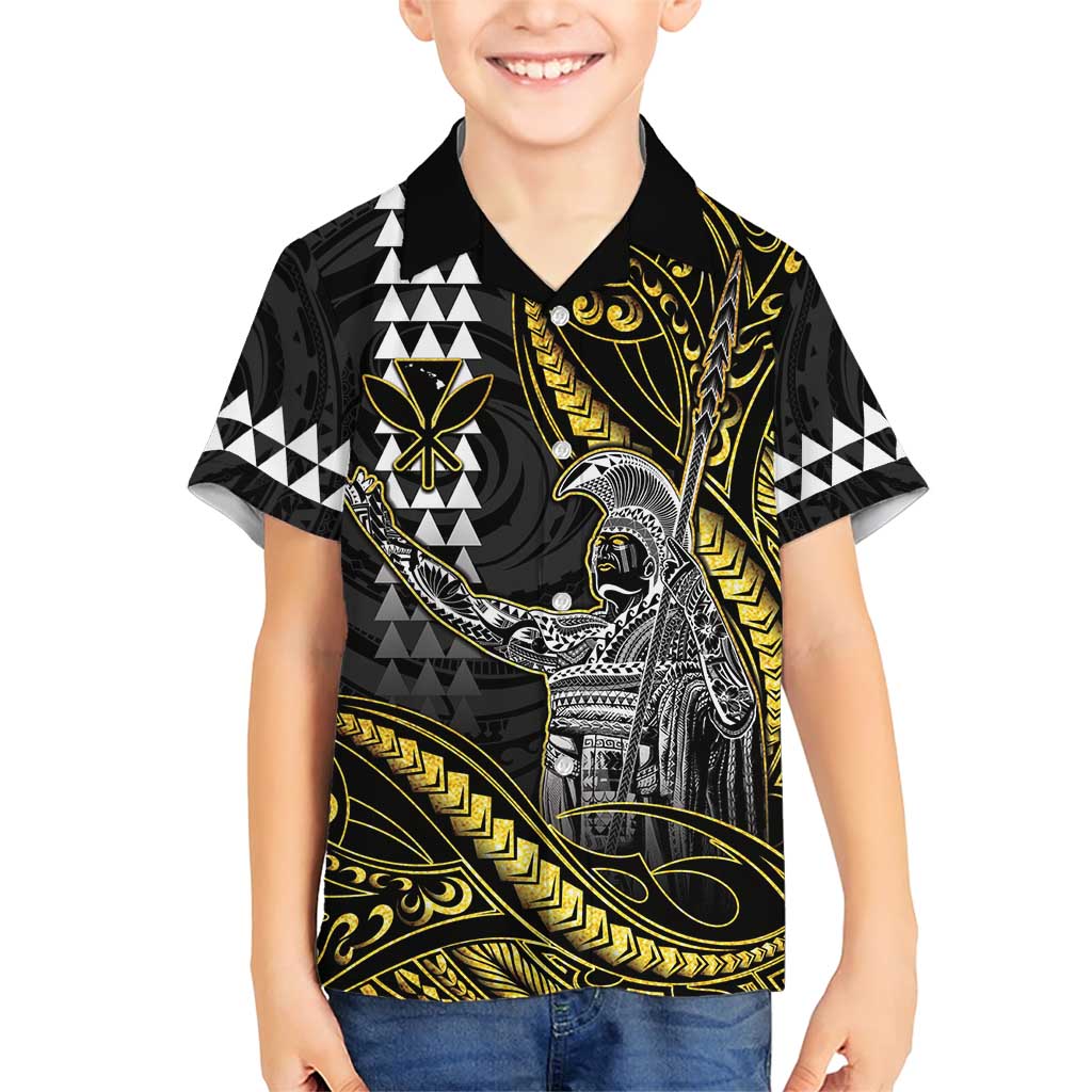 Hawaii King Kamehameha The Great Family Matching Short Sleeve Bodycon Dress and Hawaiian Shirt Gold Tribal Tattoo LT05 Son's Shirt Gold - Polynesian Pride