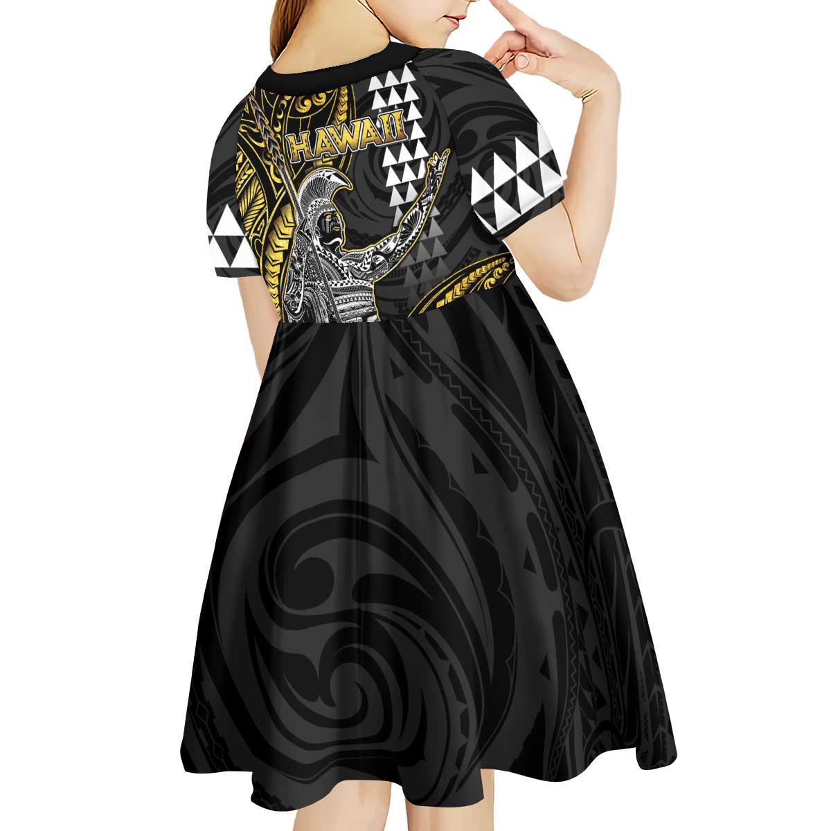 Hawaii King Kamehameha The Great Kid Short Sleeve Dress Gold Tribal Tattoo