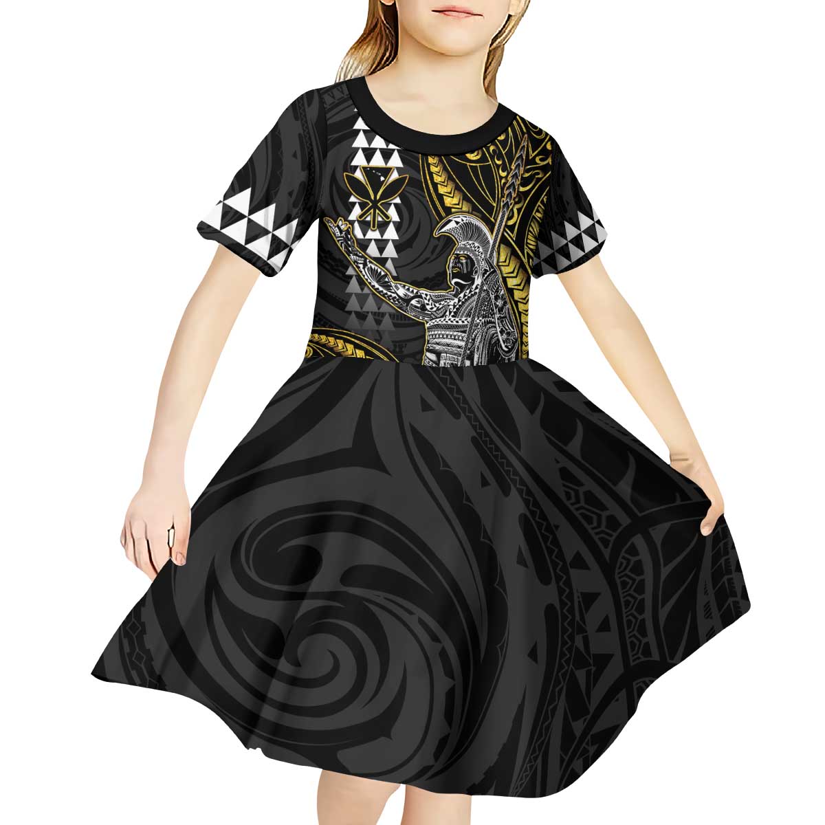 Hawaii King Kamehameha The Great Kid Short Sleeve Dress Gold Tribal Tattoo