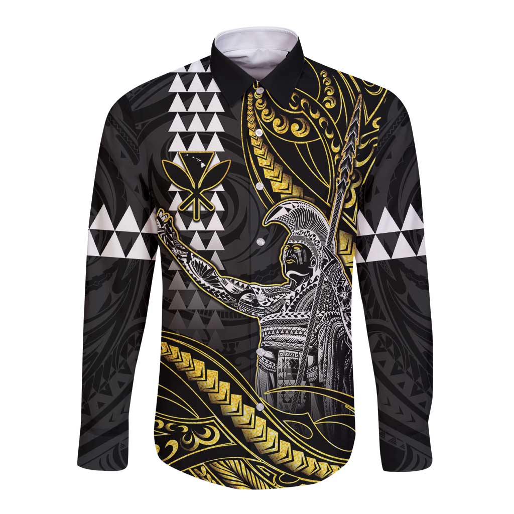 Hawaii King Kamehameha The Great Long Sleeve Button Shirt Gold Tribal Tattoo LT05 Unisex Gold - Polynesian Pride
