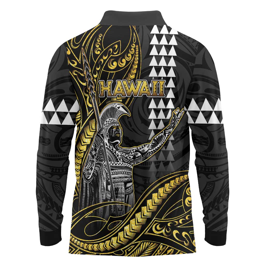 Hawaii King Kamehameha The Great Long Sleeve Polo Shirt Gold Tribal Tattoo