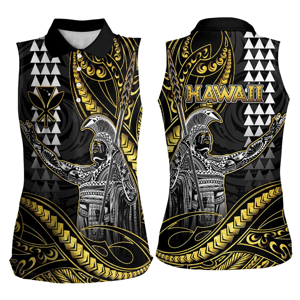 Hawaii King Kamehameha The Great Women Sleeveless Polo Shirt Gold Tribal Tattoo LT05 - Polynesian Pride