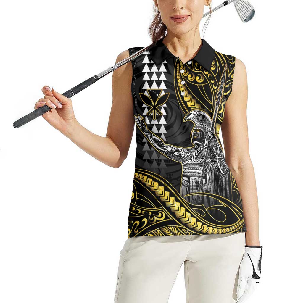 Hawaii King Kamehameha The Great Women Sleeveless Polo Shirt Gold Tribal Tattoo LT05 - Polynesian Pride